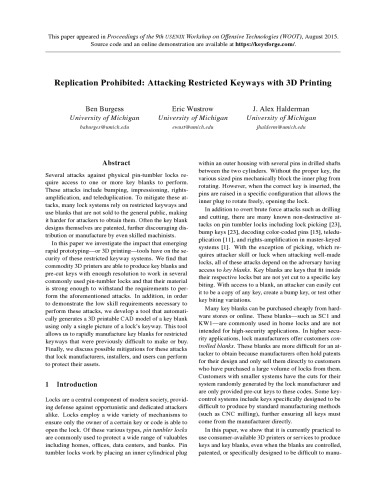 9th USENIX Workshop on Offensive Technologies (WOOT 15) 2015-aug Replication Prohibited: Attacking Restricted Keyways with 3D Printing - pdf